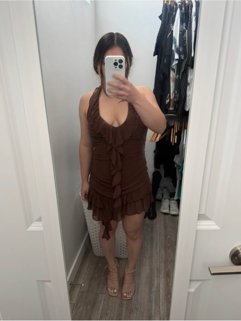 Brown Ruffle Mini Dress - Picture 3 of 5